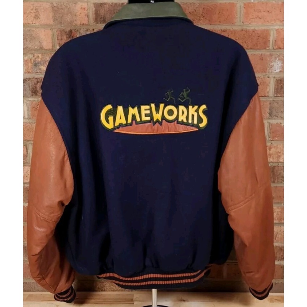 Gameworks Varsity Jacket Blue Wool Leather Size XL Identity Inc Grapevine TX USA